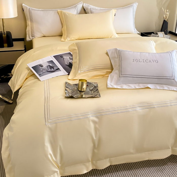 91家纺网 家纺一手货源 找家纺 爱妮菲 2024新款100支长绒棉酒店风四件套全棉纯棉纯色简约床单被套轻奢床笠款床上用品 洛卡-芝士黄