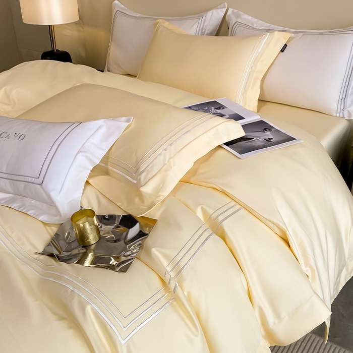 91家纺网 家纺一手货源 找家纺 爱妮菲 2024新款100支长绒棉酒店风四件套全棉纯棉纯色简约床单被套轻奢床笠款床上用品 洛卡-芝士黄