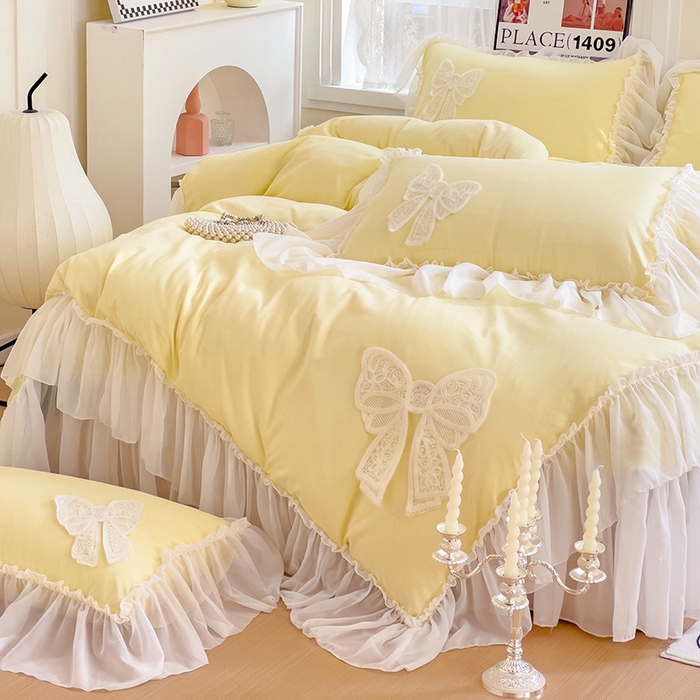 91家纺网 家纺一手货源 找家纺 言熙居家纺 2024新款韩版贴布绣雪纺花边床盖款四件套-初恋 初恋-黄