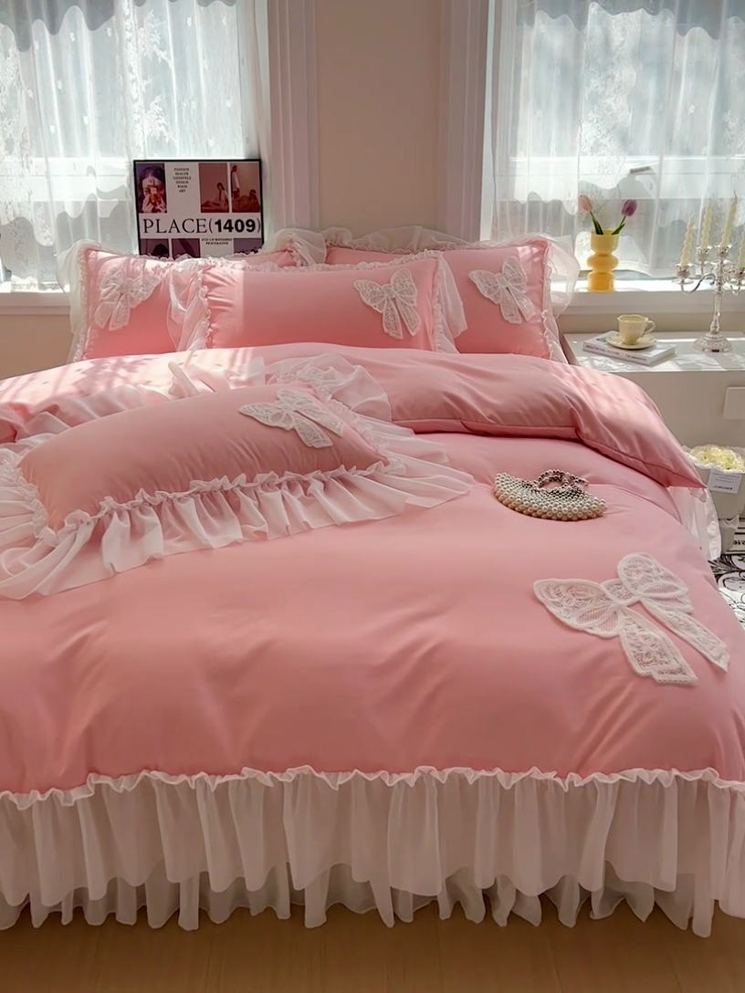 91家纺网 家纺一手货源 找家纺 言熙居家纺 2024新款韩版贴布绣雪纺花边床盖款四件套-初恋 初恋-玉