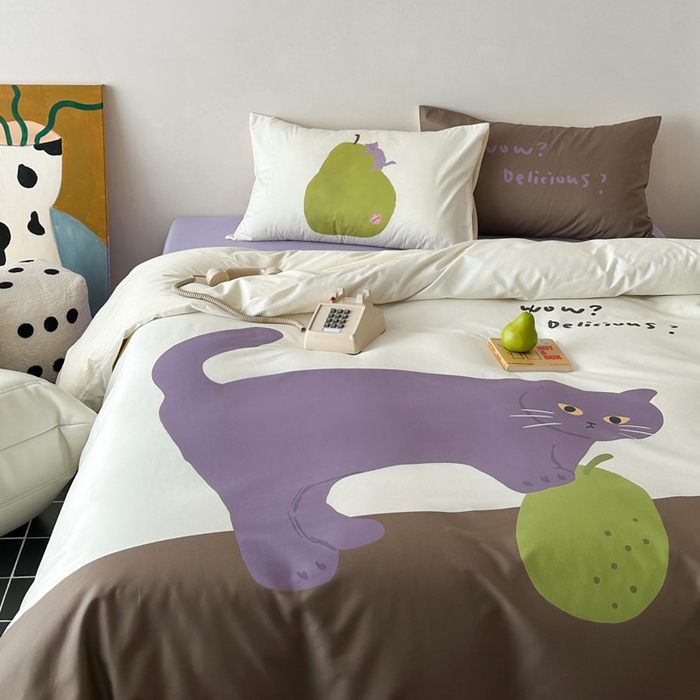 91家纺网 家纺一手货源 找家纺 艾沁家纺 2024新款40S全棉贡缎数码印花水洗棉四件套 紫猫