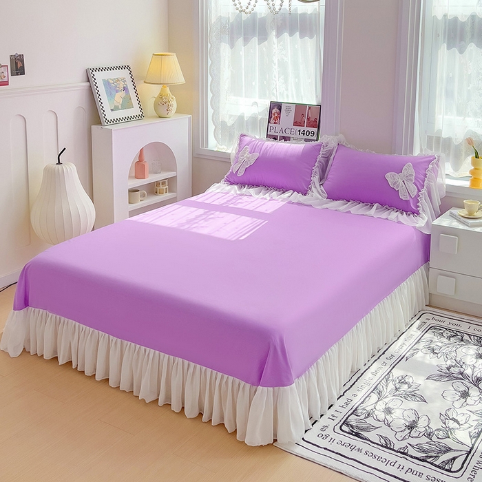 91家纺网 家纺一手货源 找家纺 言熙居家纺 2024新款韩版贴布绣雪纺花边床盖款四件套-初恋 初恋-紫