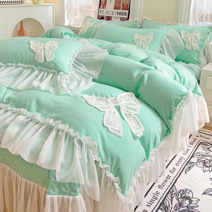 91家纺网 家纺一手货源 找家纺 言熙居家纺 2024新款韩版贴布绣雪纺花边床盖款四件套-初恋 初恋-蓝