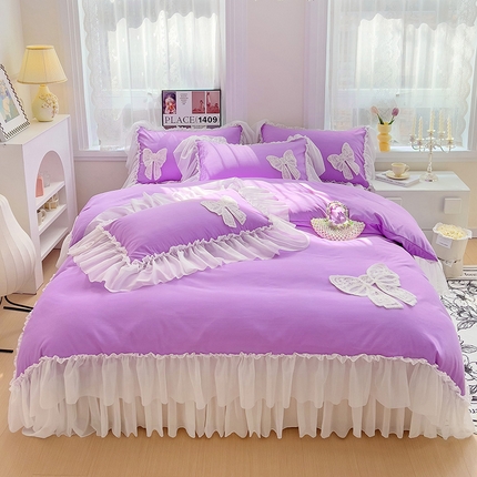 91家纺网 家纺一手货源 找家纺 言熙居家纺 2024新款韩版贴布绣雪纺花边床盖款四件套-初恋 初恋-紫
