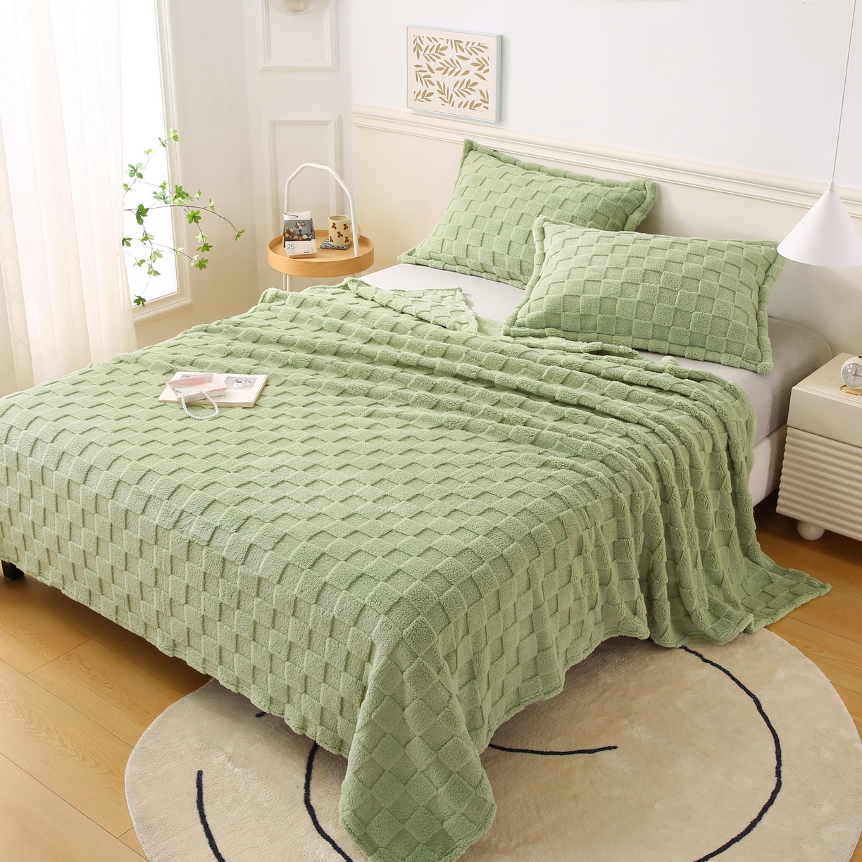 91家纺网 家纺一手货源 找家纺 巴木赫 2024新款塔芙绒面包格毛毯毯子 抹茶绿