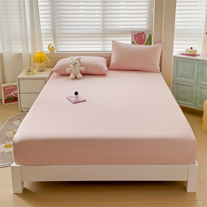 91家纺网 家纺一手货源 找家纺 2024新款纯色全棉简约床笠 百合粉