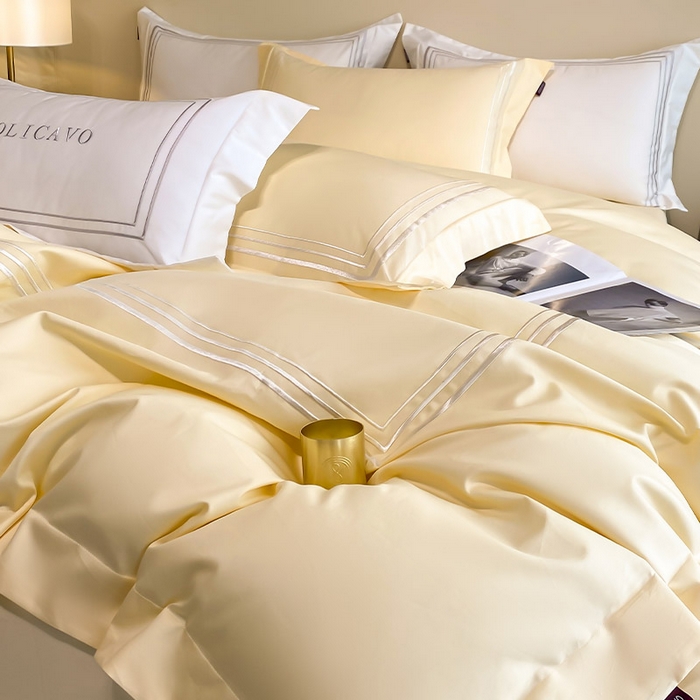 91家纺网 家纺一手货源 找家纺 爱妮菲 2024新款100支长绒棉酒店风四件套全棉纯棉纯色简约床单被套轻奢床笠款床上用品 洛卡-芝士黄
