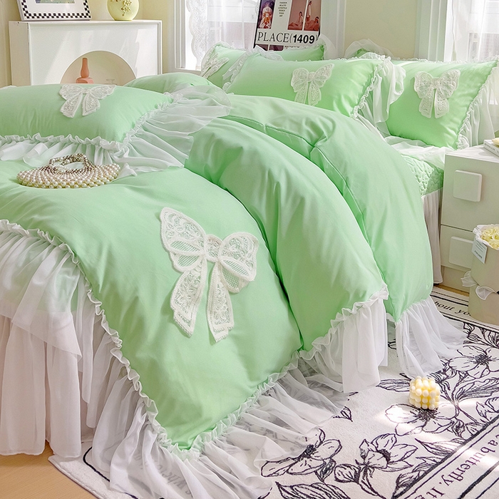 91家纺网 家纺一手货源 找家纺 言熙居家纺 2024新款韩版贴布绣雪纺花边床盖款四件套-初恋 初恋-绿