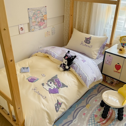 沐辰 2024新款正版学生床三丽鸥+迪士尼毛巾绣绣花四件套 晚安库洛米-米白
