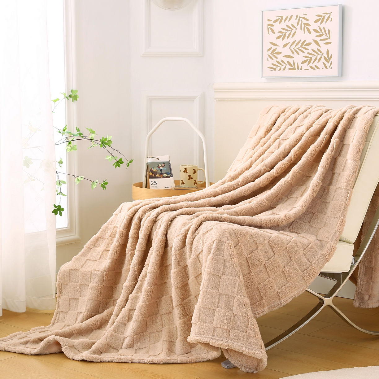 91家纺网 家纺一手货源 找家纺 巴木赫 2024新款塔芙绒面包格毛毯毯子 米咖