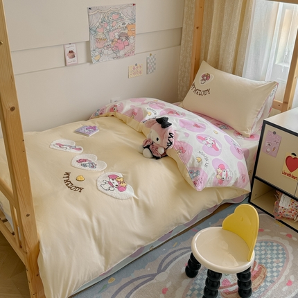 沐辰 2024新款正版学生床三丽鸥+迪士尼毛巾绣绣花四件套 甜心美乐蒂-米白