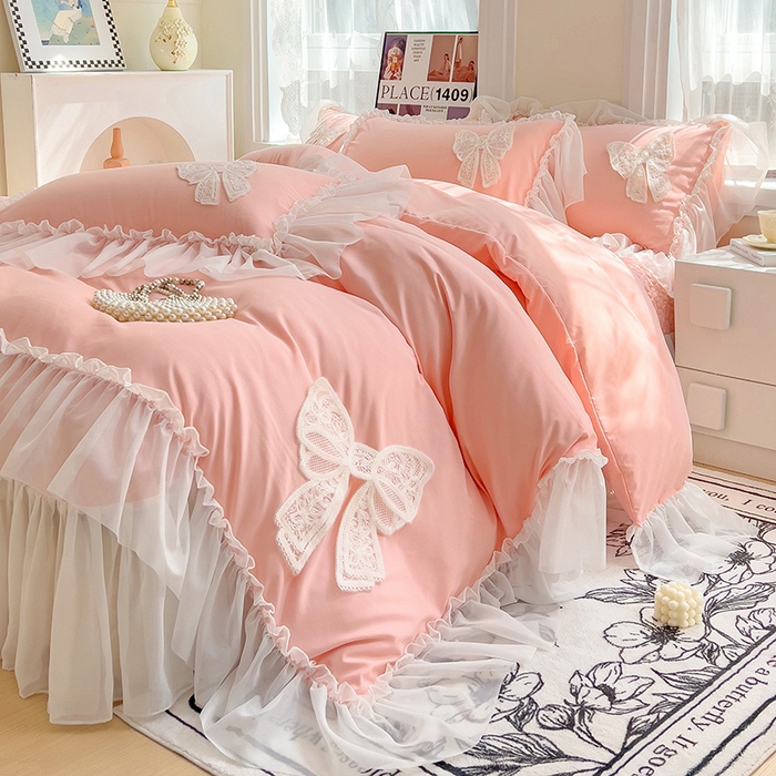 91家纺网 家纺一手货源 找家纺 言熙居家纺 2024新款韩版贴布绣雪纺花边床盖款四件套-初恋 初恋-玉