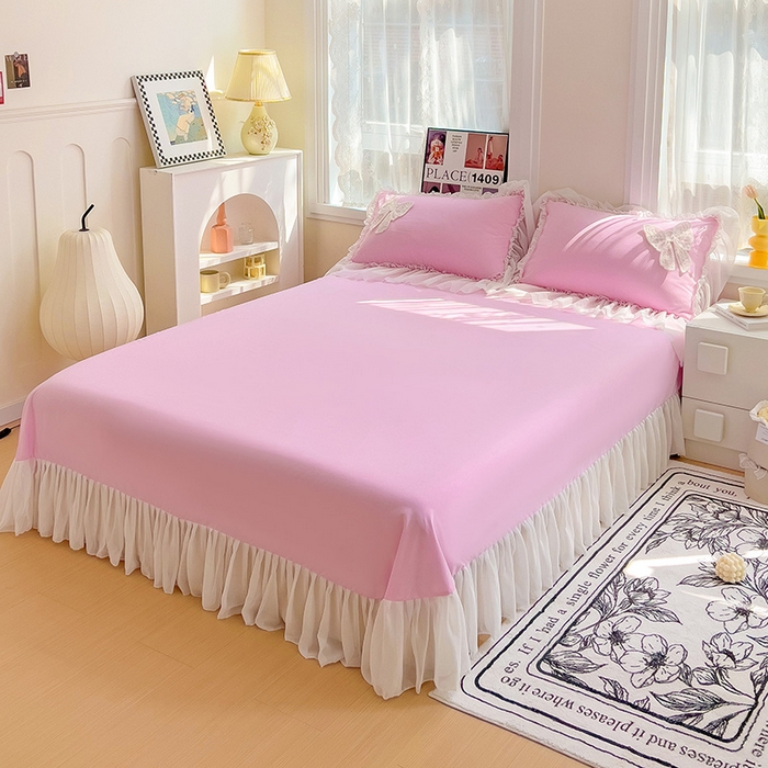 91家纺网 家纺一手货源 找家纺 言熙居家纺 2024新款韩版贴布绣雪纺花边床盖款四件套-初恋 初恋-粉