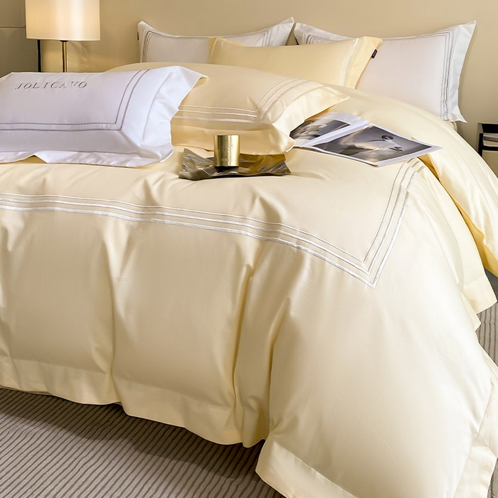 91家纺网 家纺一手货源 找家纺 爱妮菲 2024新款100支长绒棉酒店风四件套全棉纯棉纯色简约床单被套轻奢床笠款床上用品 洛卡-芝士黄