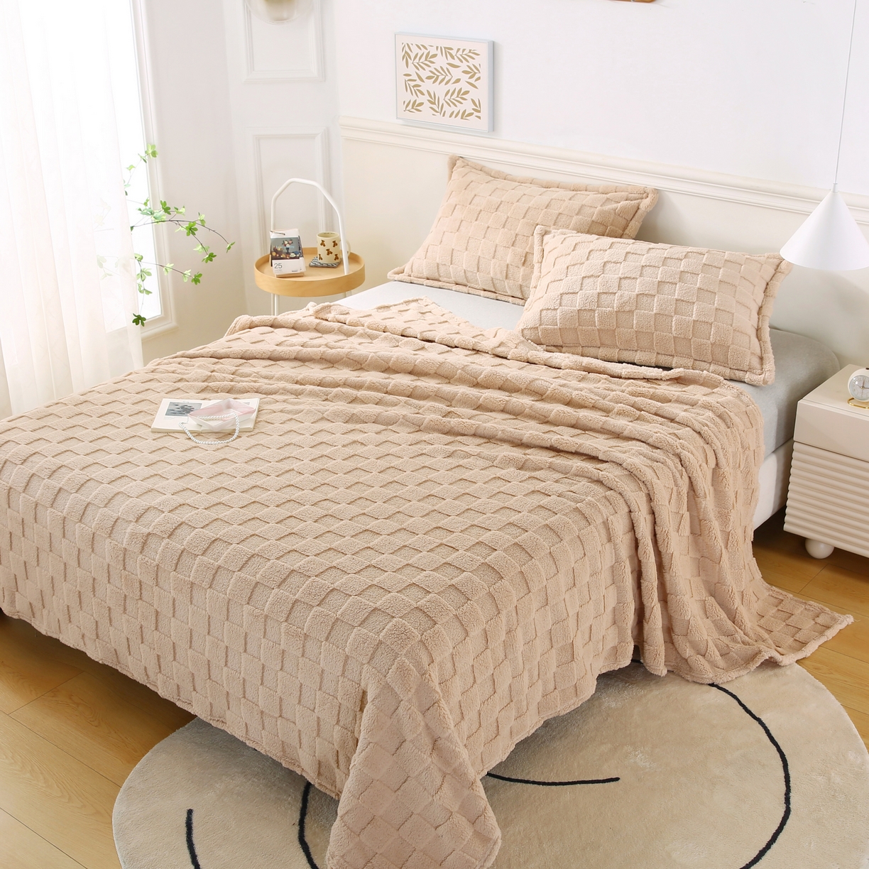 91家纺网 家纺一手货源 找家纺 巴木赫 2024新款塔芙绒面包格毛毯毯子 米咖