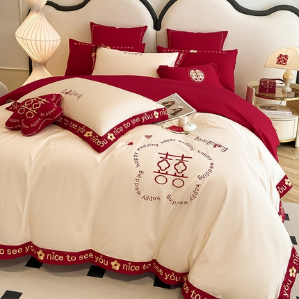91家纺网 家纺一手货源 找家纺 100支长绒棉婚庆四件套全棉纯棉红色刺绣多件套结婚六件套新婚八件套床上用品十件套 幸福密码-新妍玉