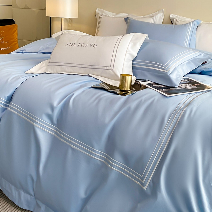 91家纺网 家纺一手货源 找家纺 爱妮菲 2024新款100支长绒棉酒店风四件套全棉纯棉纯色简约床单被套轻奢床笠款床上用品 洛卡-宾利蓝