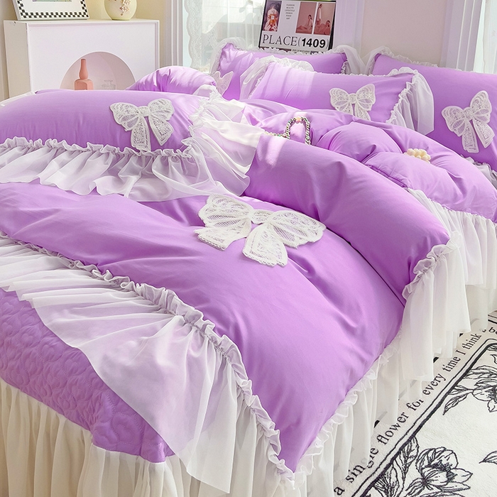 91家纺网 家纺一手货源 找家纺 言熙居家纺 2024新款韩版贴布绣雪纺花边床盖款四件套-初恋 初恋-紫