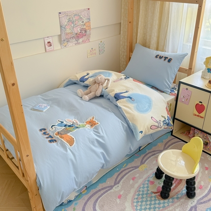91家纺网 家纺一手货源 找家纺 沐辰 2024新款正版学生床三丽鸥+迪士尼毛巾绣绣花四件套 朱迪和尼克