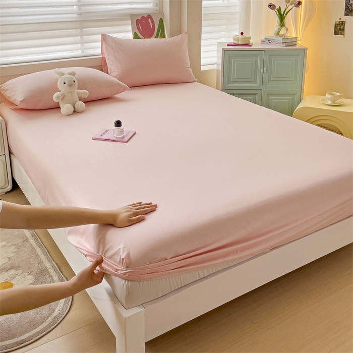 91家纺网 家纺一手货源 找家纺 2024新款纯色全棉简约床笠 百合粉