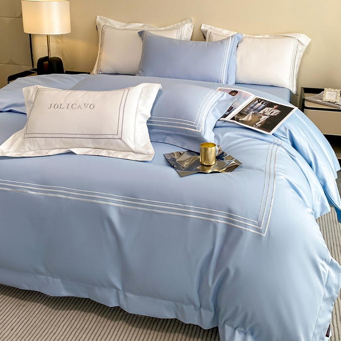 91家纺网 家纺一手货源 找家纺 爱妮菲 2024新款100支长绒棉酒店风四件套全棉纯棉纯色简约床单被套轻奢床笠款床上用品 洛卡-宾利蓝