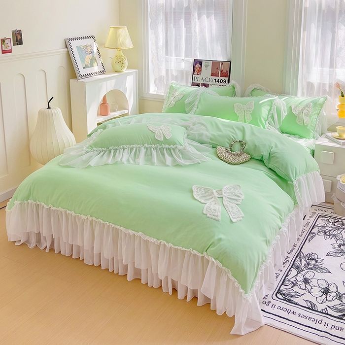 91家纺网 家纺一手货源 找家纺 言熙居家纺 2024新款韩版贴布绣雪纺花边床盖款四件套-初恋 初恋-绿