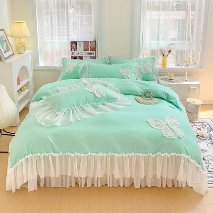 言熙居家纺 2024新款韩版贴布绣雪纺花边床盖款四件套-初恋 初恋-蓝