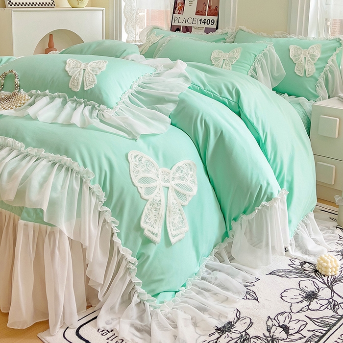 91家纺网 家纺一手货源 找家纺 言熙居家纺 2024新款韩版贴布绣雪纺花边床盖款四件套-初恋 初恋-蓝