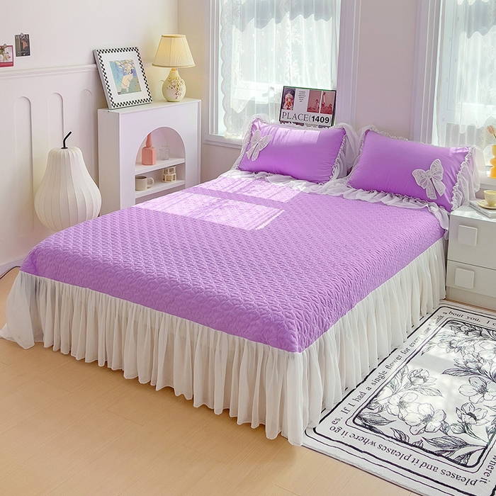 91家纺网 家纺一手货源 找家纺 言熙居家纺 2024新款韩版贴布绣雪纺花边床盖款四件套-初恋 初恋-紫