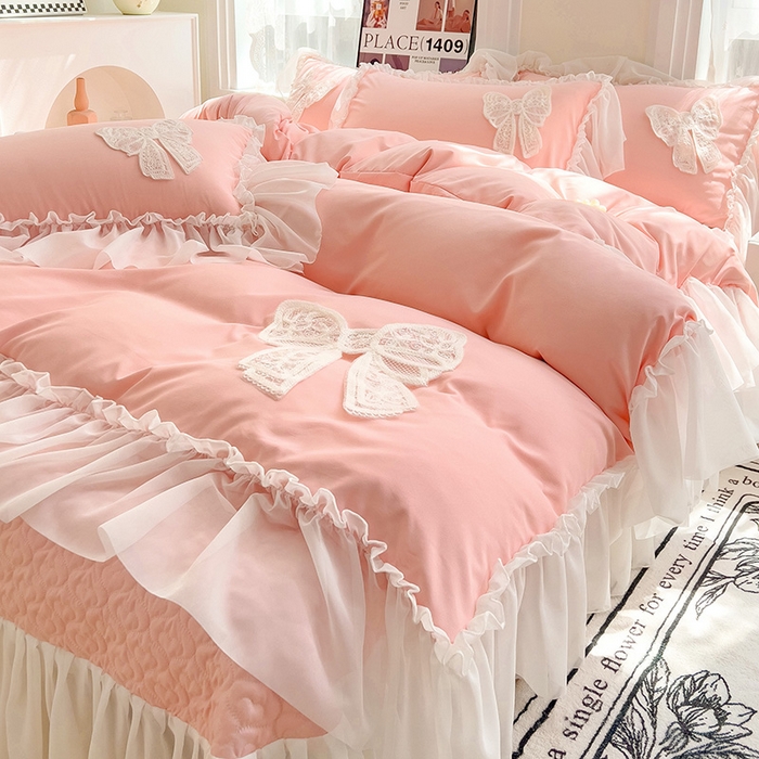 91家纺网 家纺一手货源 找家纺 言熙居家纺 2024新款韩版贴布绣雪纺花边床盖款四件套-初恋 初恋-玉