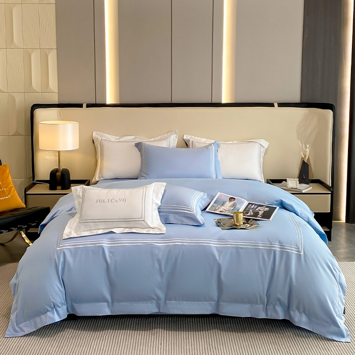 91家纺网 家纺一手货源 找家纺 爱妮菲 2024新款100支长绒棉酒店风四件套全棉纯棉纯色简约床单被套轻奢床笠款床上用品 洛卡-宾利蓝