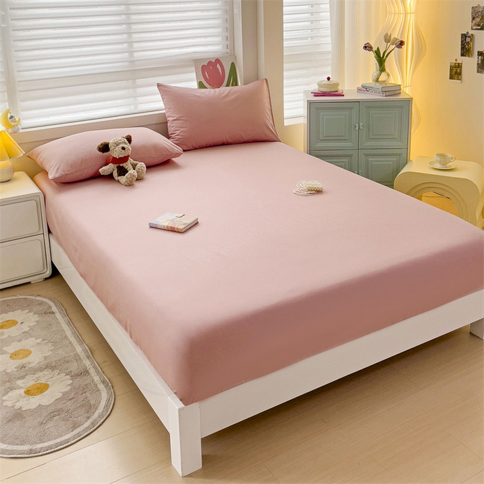 91家纺网 家纺一手货源 找家纺 2024新款纯色全棉简约床笠 豆沙