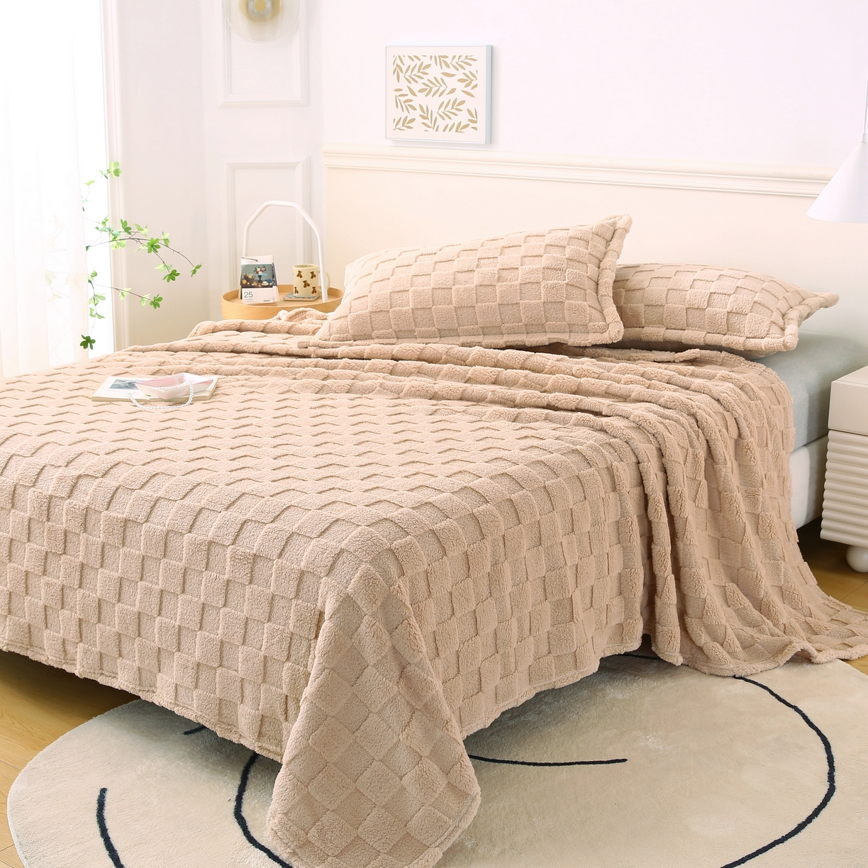 91家纺网 家纺一手货源 找家纺 巴木赫 2024新款塔芙绒面包格毛毯毯子 米咖