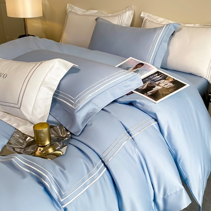 91家纺网 家纺一手货源 找家纺 爱妮菲 2024新款100支长绒棉酒店风四件套全棉纯棉纯色简约床单被套轻奢床笠款床上用品 洛卡-宾利蓝