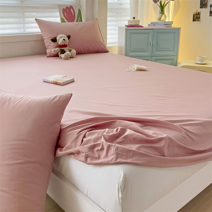 91家纺网 家纺一手货源 找家纺 2024新款纯色全棉简约床笠 豆沙