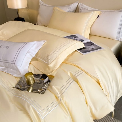 91家纺网 家纺一手货源 找家纺 爱妮菲 2024新款100支长绒棉酒店风四件套全棉纯棉纯色简约床单被套轻奢床笠款床上用品 洛卡-芝士黄