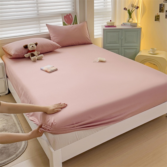 91家纺网 家纺一手货源 找家纺 2024新款纯色全棉简约床笠 豆沙