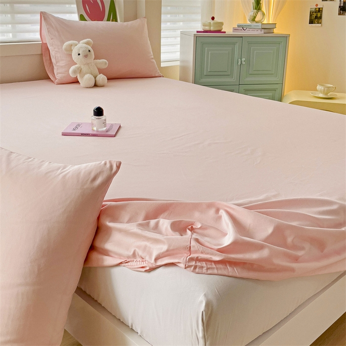 91家纺网 家纺一手货源 找家纺 2024新款纯色全棉简约床笠 百合粉