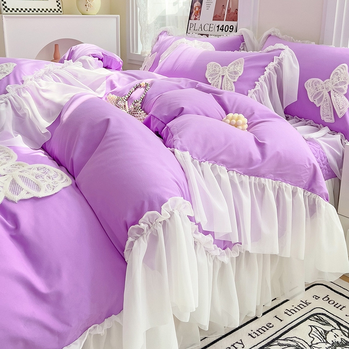 91家纺网 家纺一手货源 找家纺 言熙居家纺 2024新款韩版贴布绣雪纺花边床盖款四件套-初恋 初恋-紫