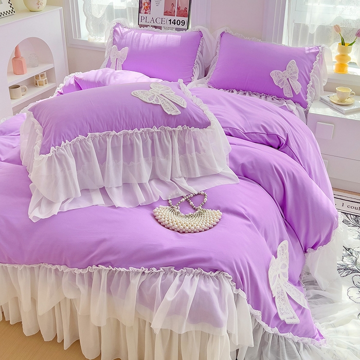 91家纺网 家纺一手货源 找家纺 言熙居家纺 2024新款韩版贴布绣雪纺花边床盖款四件套-初恋 初恋-紫