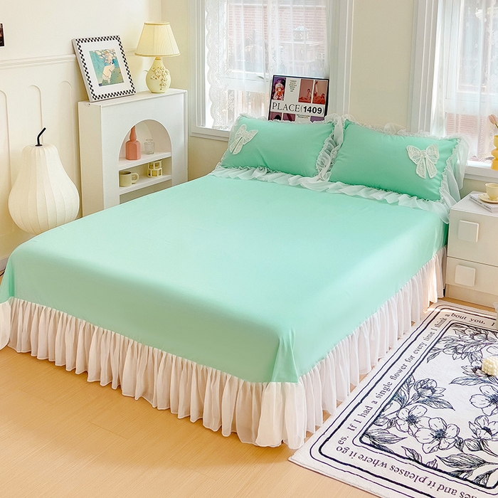 91家纺网 家纺一手货源 找家纺 言熙居家纺 2024新款韩版贴布绣雪纺花边床盖款四件套-初恋 初恋-蓝