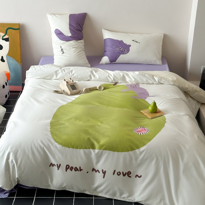 91家纺网 家纺一手货源 找家纺 艾沁家纺 2024新款40S全棉贡缎数码印花水洗棉四件套 肥梨