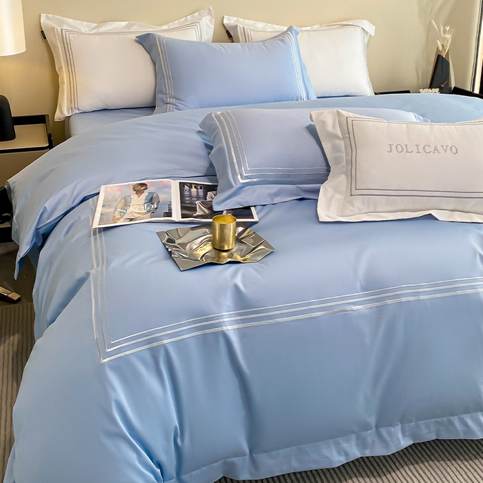 91家纺网 家纺一手货源 找家纺 爱妮菲 2024新款100支长绒棉酒店风四件套全棉纯棉纯色简约床单被套轻奢床笠款床上用品 洛卡-宾利蓝