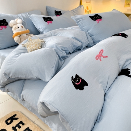 91家纺网 家纺一手货源 找家纺 （总）阿曼达 2024新款ins博主风超甜酷美少女粉系黑猫软糯糯水洗m毛巾绣纯色双拼四件套