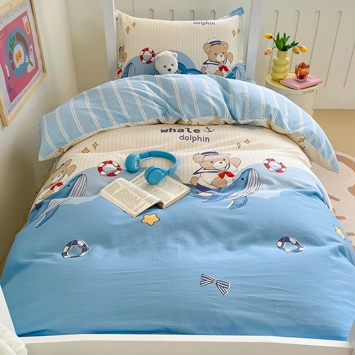 91家纺网 家纺一手货源 找家纺 绵庭家纺 2024新款全棉印花学生季宿舍三件套 海豚船长