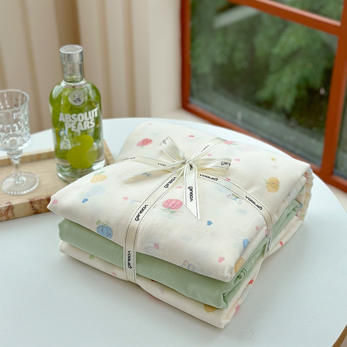 91家纺网 家纺一手货源 找家纺 麦伦 2024春夏新品全棉有氧双层纱印花系列四件套-叠拍图（2） 南瓜