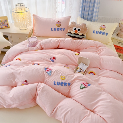 颜选 2024新款小清新水洗棉立体毛巾绣四件套-生日派对 生日派对+粉玉