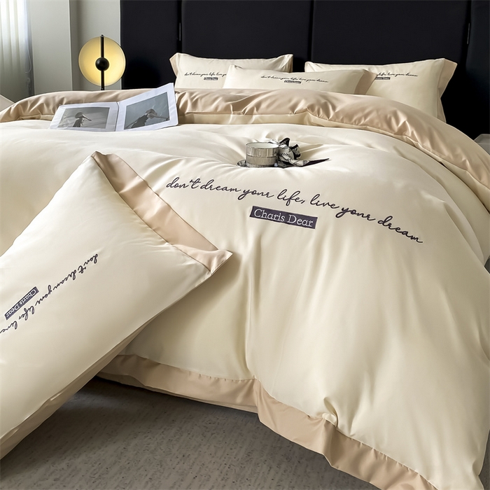 91家纺网 家纺一手货源 找家纺 笙意家纺 2025新款亲肤水洗棉四件套-洛伊系列 洛伊-奶昔白+奶茶