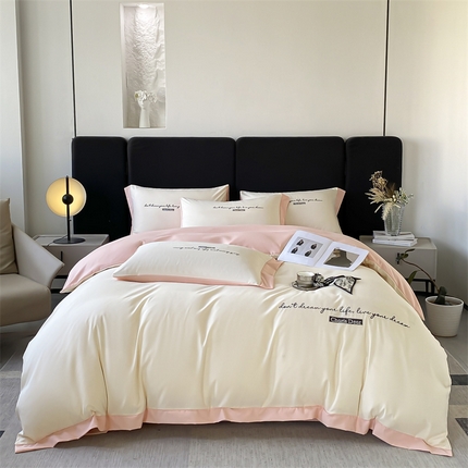 91家纺网 家纺一手货源 找家纺 笙意家纺 2025新款亲肤水洗棉四件套-洛伊系列 洛伊-奶昔白+奶油粉