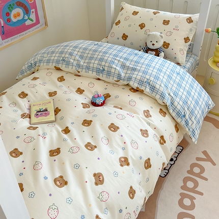 绵庭家纺 2024新款全棉印花学生季宿舍三件套 草莓萌熊